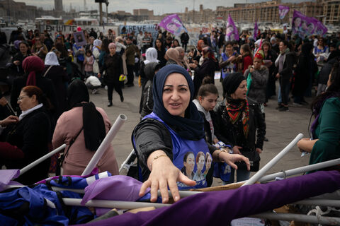  France, Marseille, 2023-03-08. Demonstration of Kurdish women in the Old Port. Feminist strike and demonstrations on March 8th in Marseille on the occasion of the international women rights day. Photograph by Celine RAVIER / Hans Lucas.France, Marseille, 2023-03-08. Manifestation des femmes kurdes sur le Vieux port. Greve et manifestations feministes du 8 mars a Marseille a l occasion de la journee internationale des droits des femmes. Photographie par Celine RAVIER / Hans Lucas.